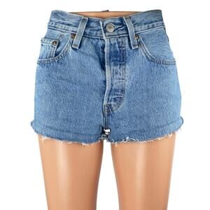 Levi's 501 Women's Blue High Waisted Raw Hem Cut Off Denim Jean Shorts Size 24
